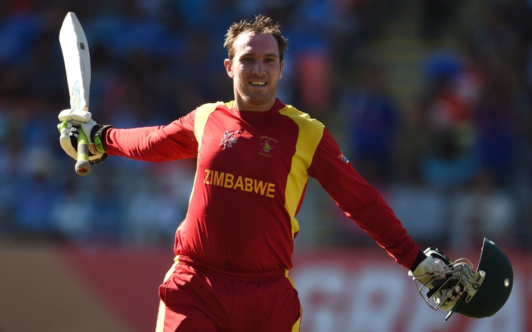 Zimbabwe captain Brendan Taylor celebrates his hundred during the Cricket World Cup at Eden Park, 2015.