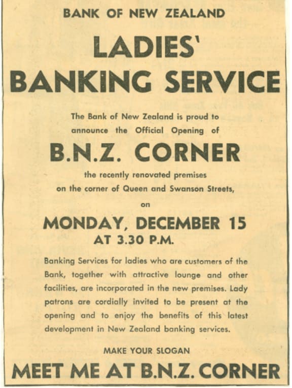 Anuncio del servicio bancario para mujeres de BNZ 1958.