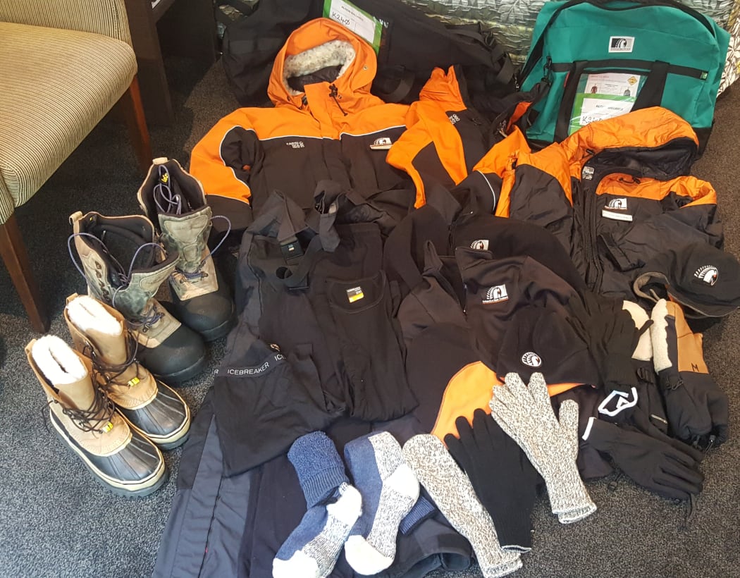 A complete kit of Antarctic clothing from Antarctica New Zealand includes nearly 30 pockets and eight pairs of gloves. The extreme cold weather jacket is rated to minus 50 degrees.