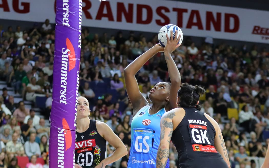 Grace Nweke of the Mystics during the ANZ Netball Premiership round 6 match between the Magic in Rotorua.