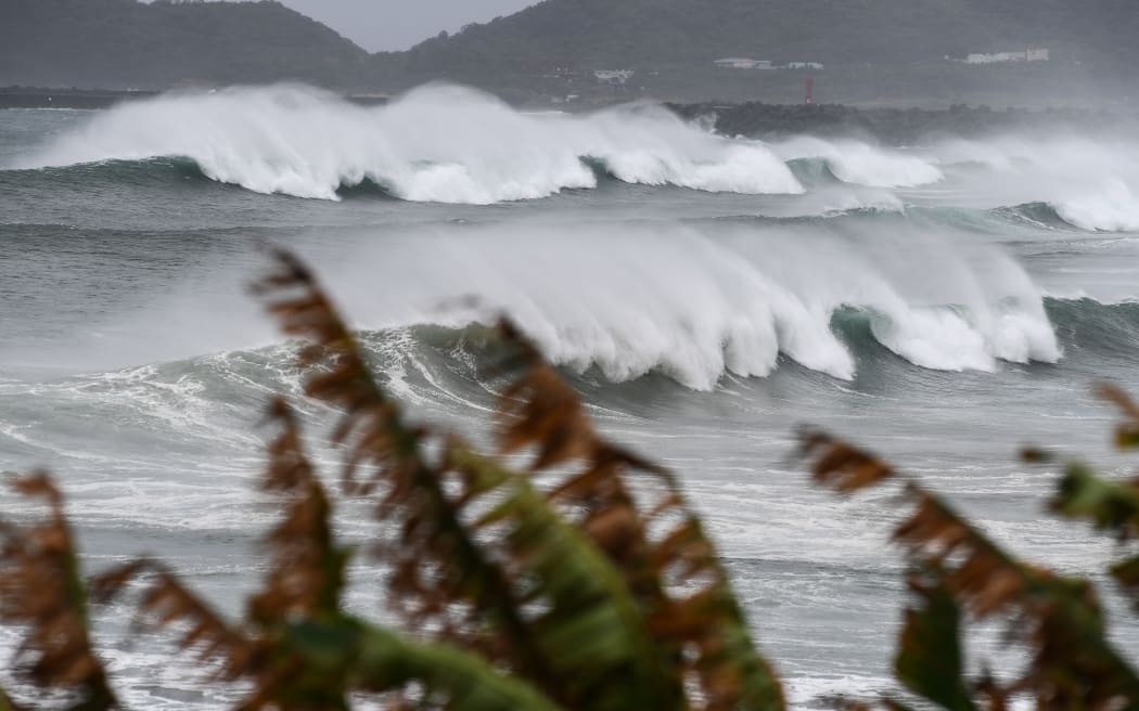 Waves crash on the coast as Typhoon Haishen approaches in Makurazaki, Kagoshima prefecture on September 6, 2020.