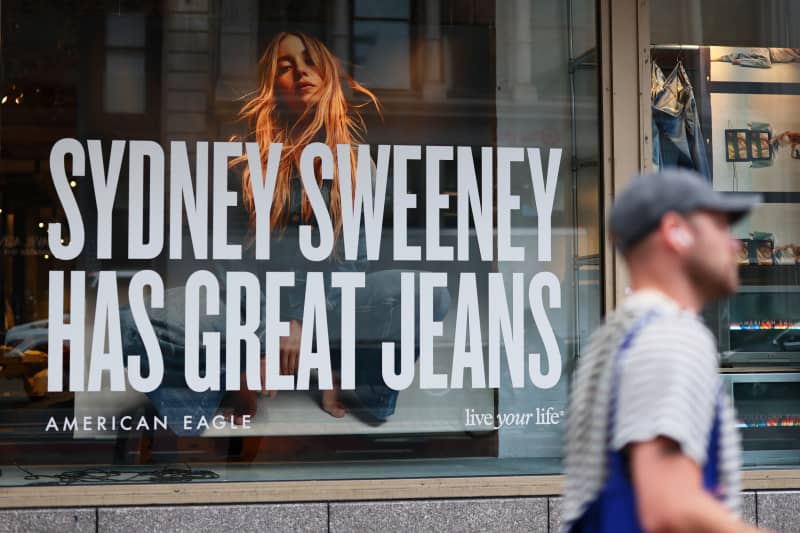 A window display of actress Sydney Sweeney is seen on a window of an American Eagle store on 1 August, 2025 in New York City.