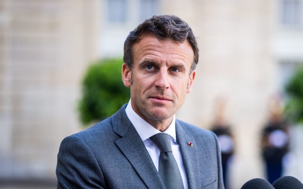 France, Paris, 2022-07-05. Photograph by Xose Bouzas / Hans Lucas. Meeting between the president of the french republic and the prime minister of Israel, at the Elysee Palace. Portrait of Emmanuel Macron, president of the french republic, during the joint statement to the press before the meeting.
France, Paris, 2022-07-05. Photographie par Xose Bouzas / Hans Lucas. Entretien entre le president de la republique francaise et le premier ministre d Israel, au Palais de l Elysee. Portrait d Emmanuel Macron, president de la republique francaise, lors de la declaration conjointe a la presse avant la reunion. (Photo by Xose Bouzas / Hans Lucas / Hans Lucas via AFP)