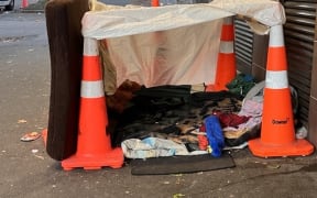 A makeshift shelter on Hobson St in central Auckland.