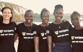 Vanuatu's new senior national beach volleyball coach Federica Tonon with members of the national squad.