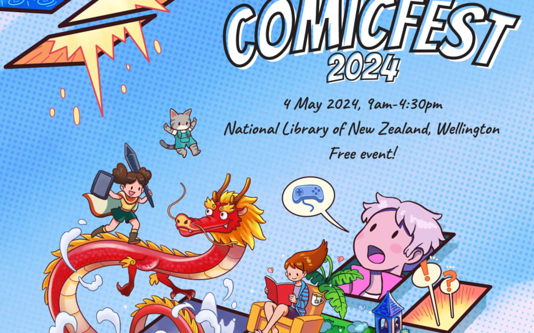 A poster for ComicFest. Brightly coloured panels appear as portals into new worlds.