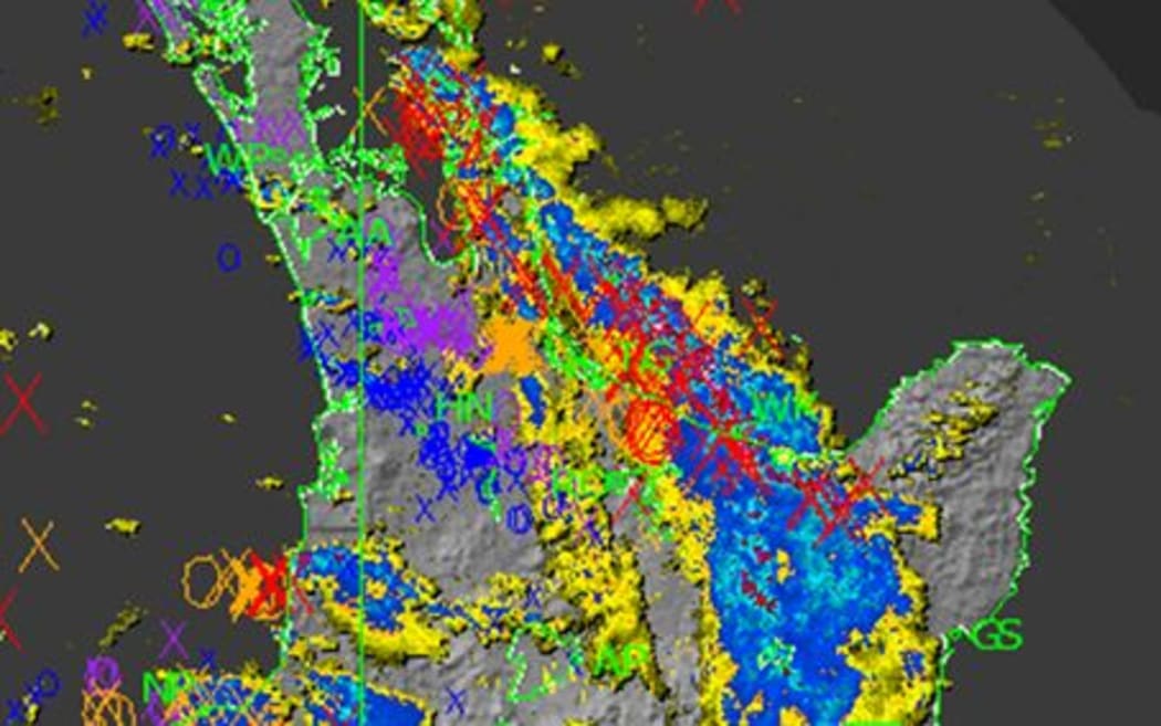 A map of lightning strikes from last night, created by MetService from Transpower data.