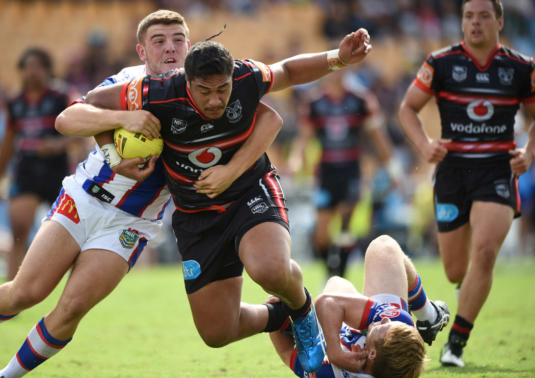 Jerome Mamea on the attack for the Warriors against the Newcastle Knights at Mt Smart in Auckland on 28 March 2016.