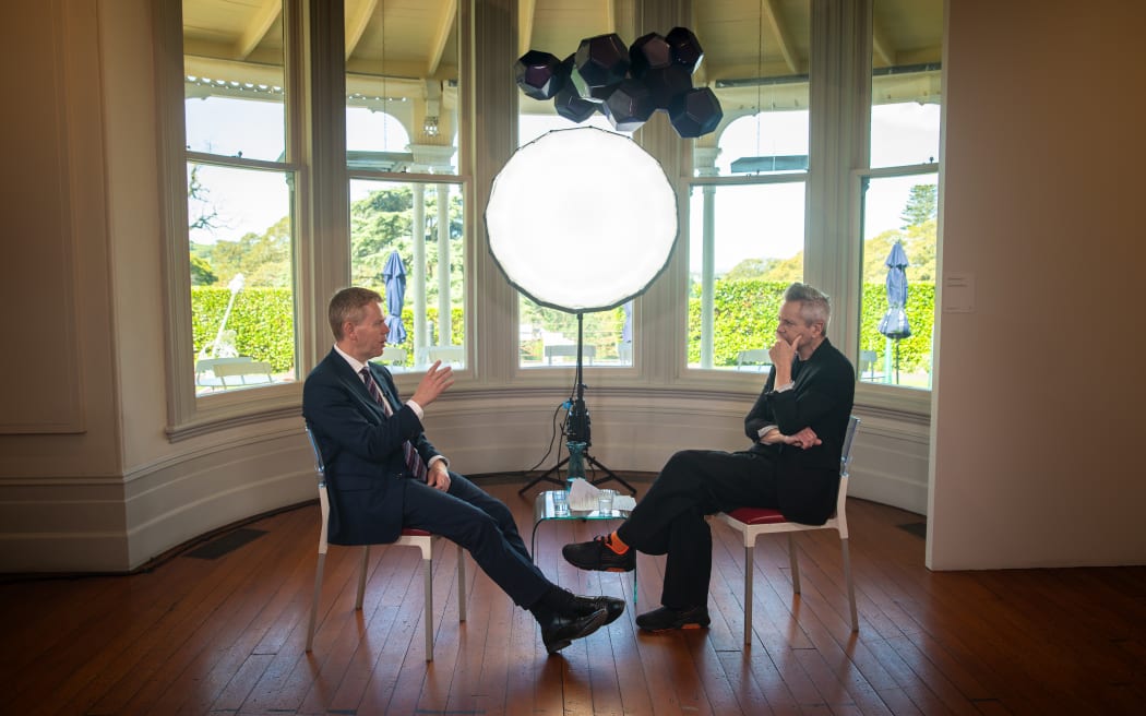 Labour Party leader Chris Hipkins being interviewed during season 4 of '30 with Guyon Espiner'. Filmed on location at Pah Homestead in Hillsborough.