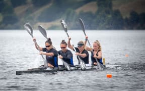Lisa Carrington second from left has now switched focus to the larger boats for the upcoming ICF World Cup series in Europe.