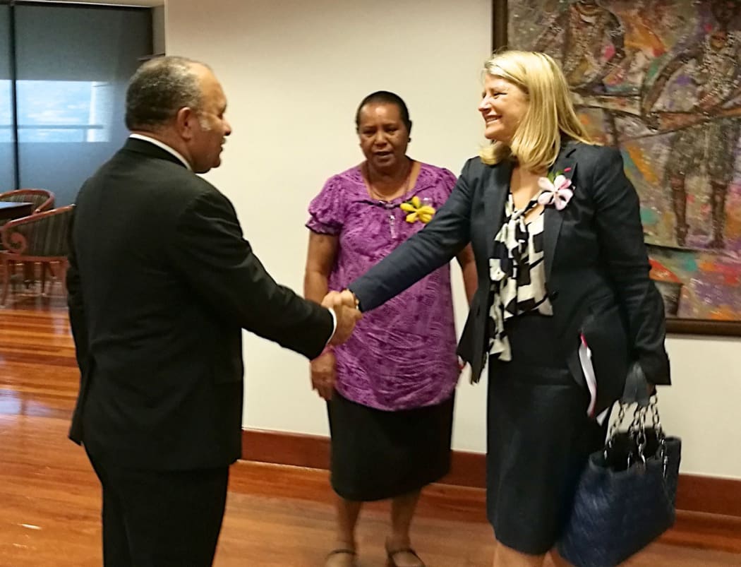 Papua New Guinea's  Prime Minister Peter O'Neill meets French Senator Joelle Garriaud-Maylam, in her parliamentary responsibility representing French Citizens Living Overseas.
