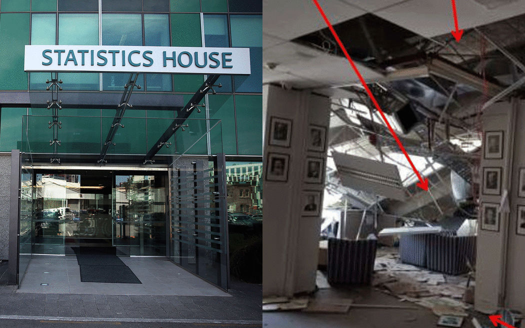 A 2013 photo of Wellington's Statistics House, left, with a photo of damage on the ground floor following the 14 November 2017 earthquake (from March 2017 inquiry report).