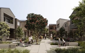 Sketch of planned terrace housing with landscaping, trees and pedestrian are between houses