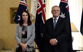 Prime Minister Jacinda Ardern and Australia's Prime Minister Scott Morrison attend the signing of the Indigenous Collaboration Arrangement at Admiralty House in Sydney on February 28, 2020.