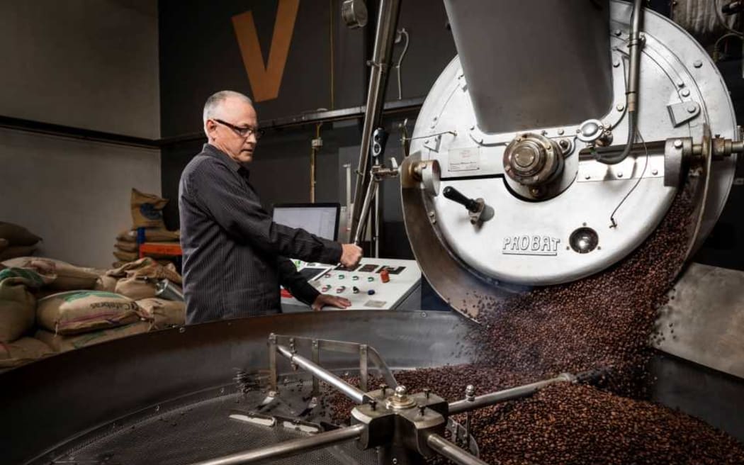 Bernard Smith of Vivace Espresso in Christchurch roasting coffee
