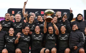The Black Ferns celebrate winning the O’Reilly Cup during the 2023 O’Reilly Cup test match against the Wallaroos at FMG Stadium in Hamilton.