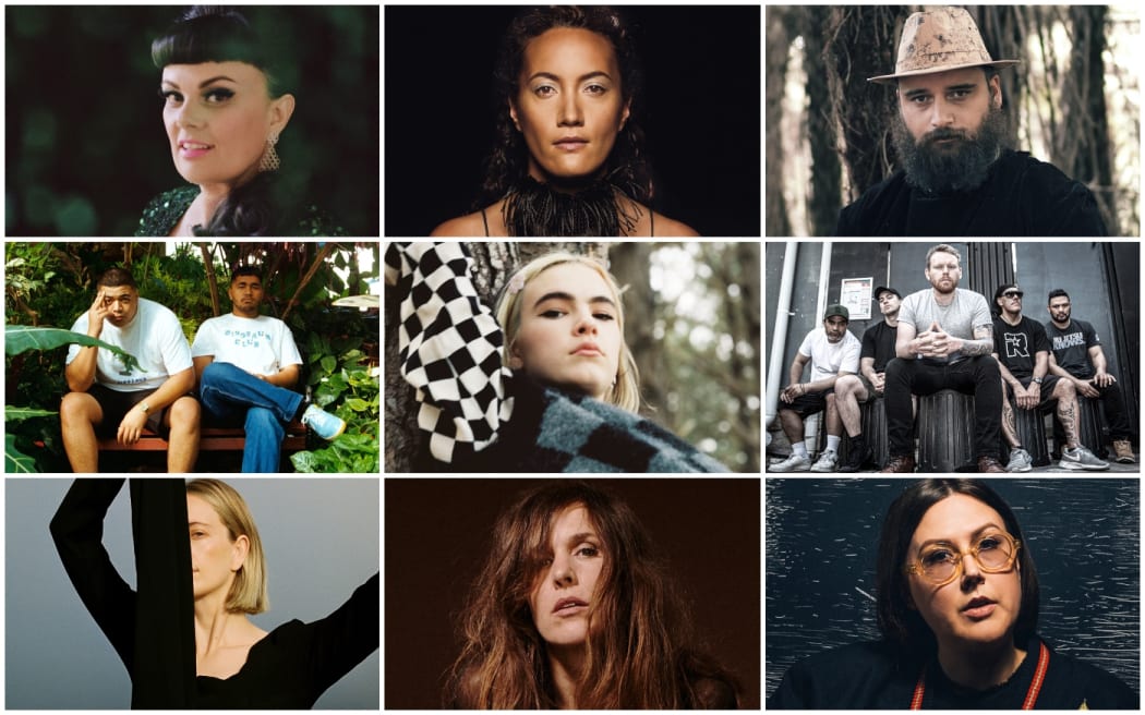 Clockwise from tip left: Tami Neilson, Ria Hall, Troy Kingi, L.A.B., Nadia Reid, Reb Fountain, Chelsea Jade, Church & AP, and BENEE