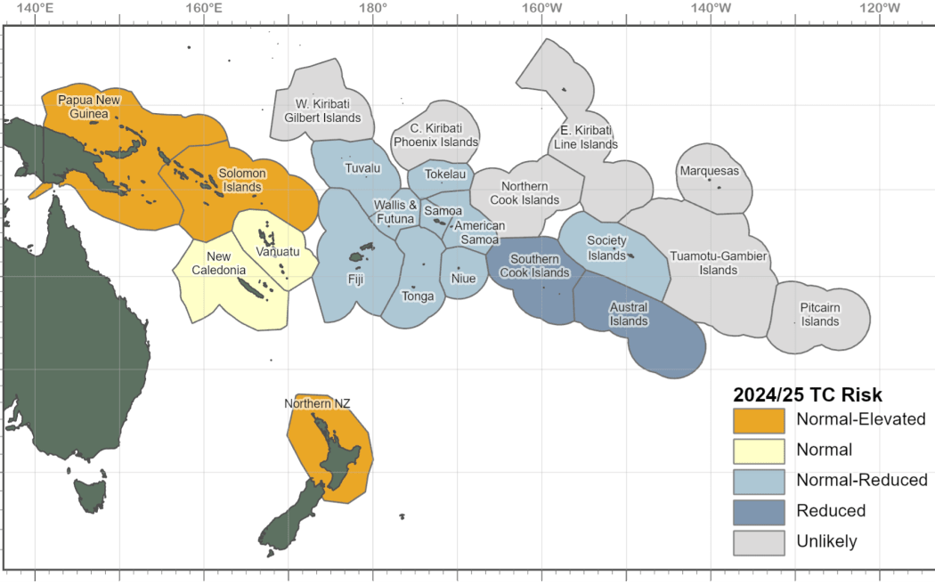 A graphic showing the Niwa/Metservice assessment of the risk that cyclones would to hit the Southwest Pacific basin for November 2024 to April 2025.