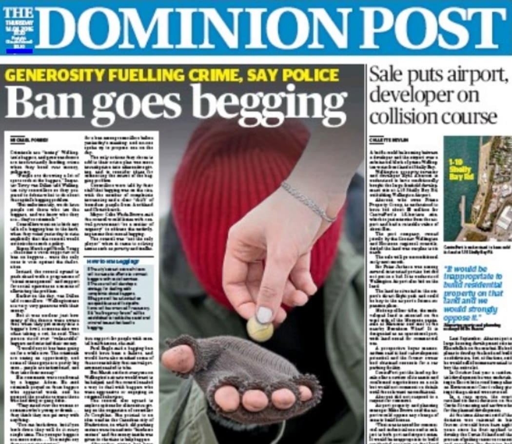 The front page of The Dominion Post reports councillors voting against a begging ban.