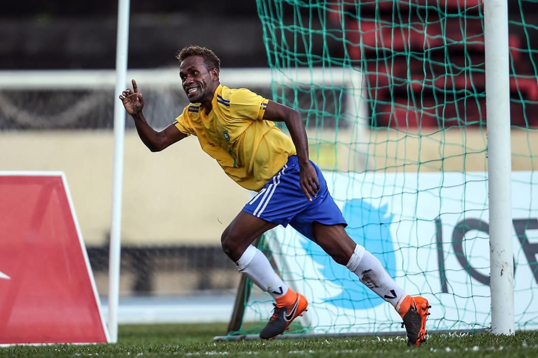 Solomon Island's Tuita Maeobia scores and celebrates his winning goal vs Fiji