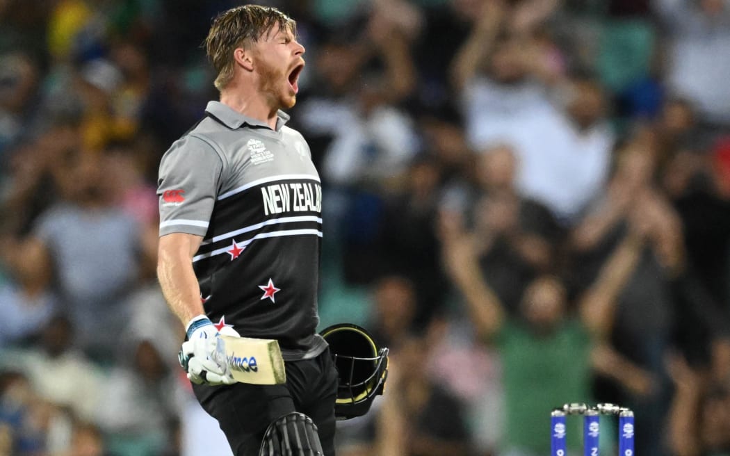 Glenn Phillips of New Zealand celebrates his century during the ICC Men’s T20 World Cup 2022 Super 12 cricket match between New Zealand and Sri Lanka at the Sydney Cricket Ground in Sydney, Saturday, October 29, 2022. (AAP Image/Dean Lewins/ www.photosport.nz
