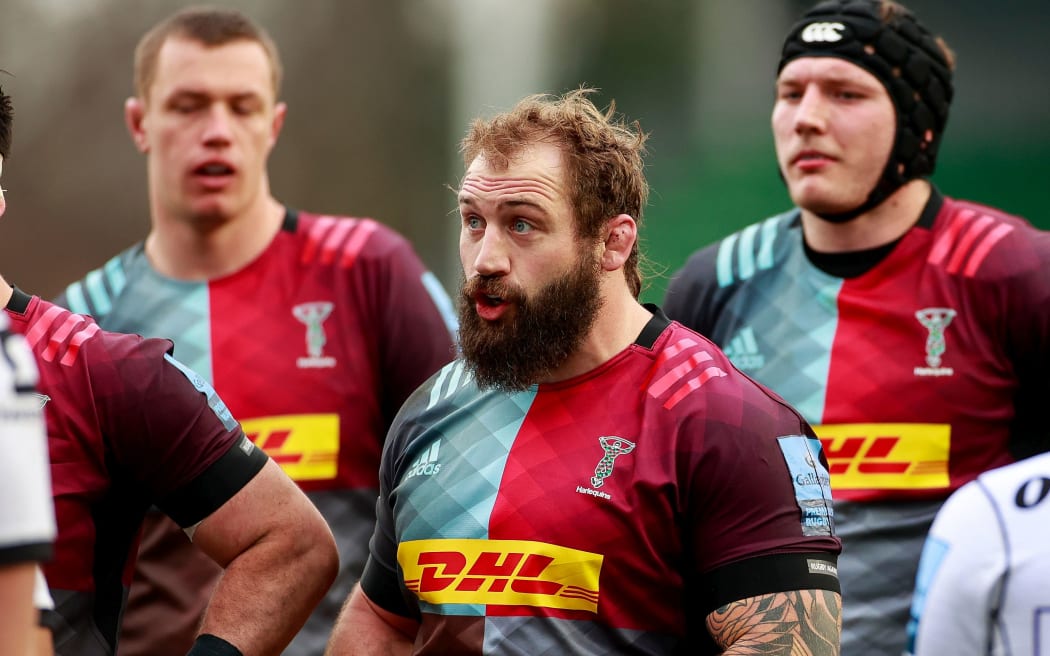 Joe Marler of Harlequins laying down the law with his opposite number