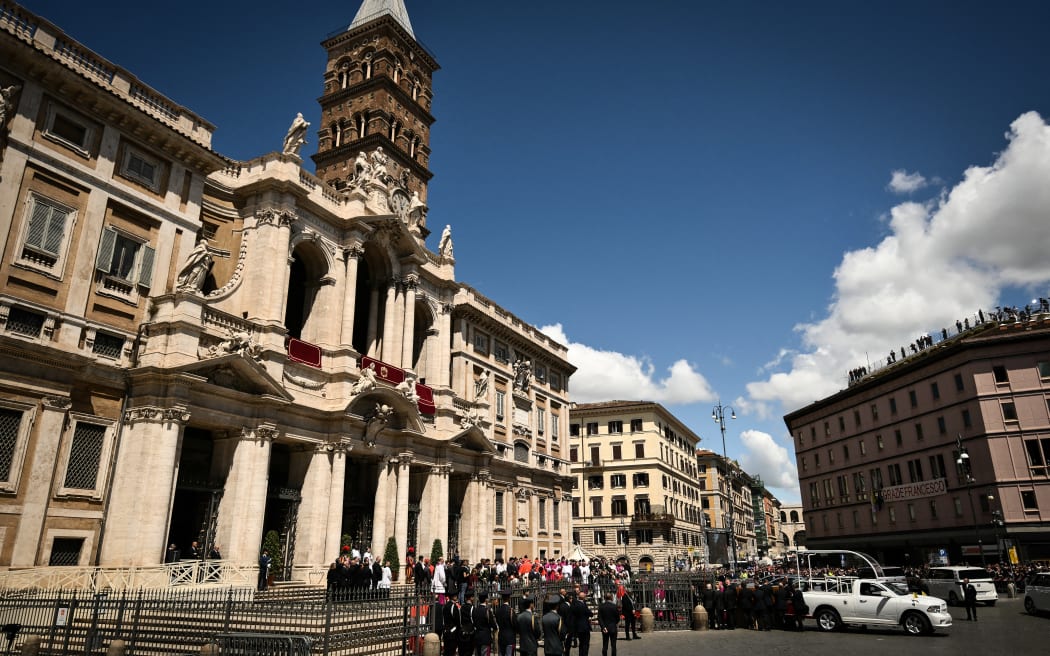 The hearse carrying the coffin of Pope Francis arrives at Santa Maria Maggiore Basilica, his final resting place, in Rome, on 26 April, 2025.