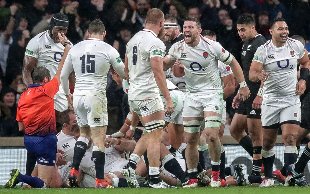 Quilter International Series, Twickenham, London 10/11/2018
England vs New Zealand All Blacks
England players celebrate a try from Dylan Hartley
Mandatory Credit ©INPHO/Billy Stickland / www.photosport.nz