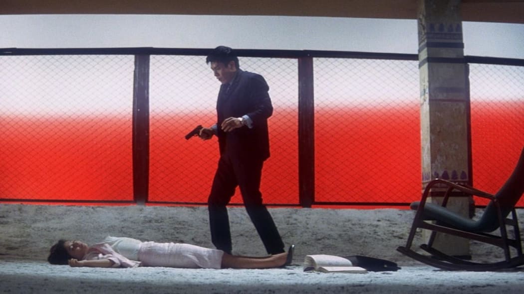 A movie still from the 1966 Japanese film Tokyo Drifter.