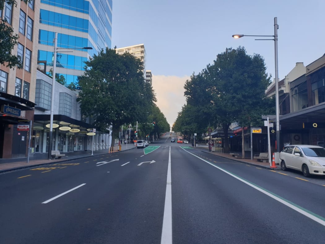 An empty Queen St in Auckland the morning after a Level 4 Covid-19 lockdown was announced.