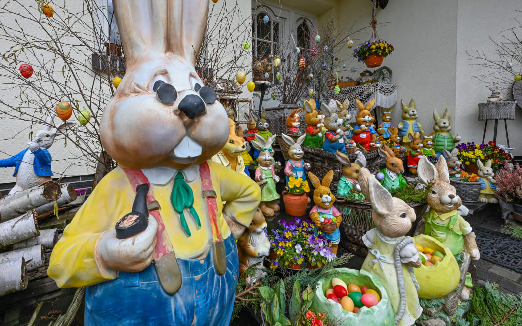 01 April 2023, Brandenburg, Straupitz: Countless Easter bunny figurines stand in a garden. Gisela Liebsch and her husband Gerd Mörl have been collecting Easter and Christmas figures for about 14 years. According to her, well over 400 Easter figures decorate the property on the edge of the Spreewald. In November, the two then begin preparations for decorating the property for Christmas. Photo: Patrick Pleul/dpa (Photo by PATRICK PLEUL / DPA / dpa Picture-Alliance via AFP)
