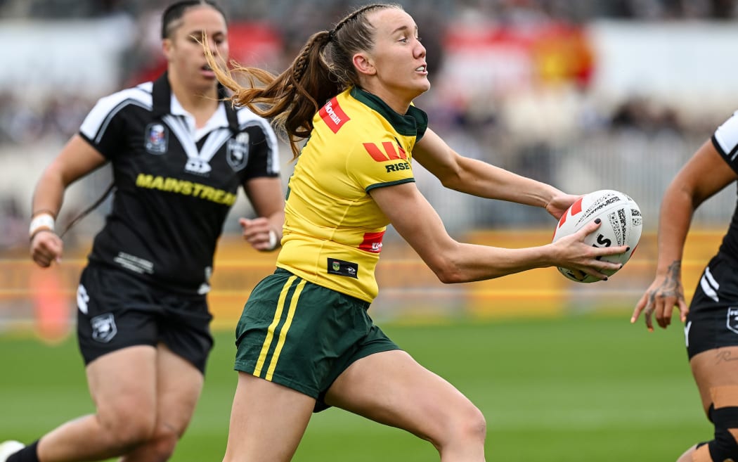 Tamika Upton of Australia. New Zealand Kiwi Ferns v Australia Jillaroos 2024 Pacific Championships rugby league test match at Apollo Projects Stadium.