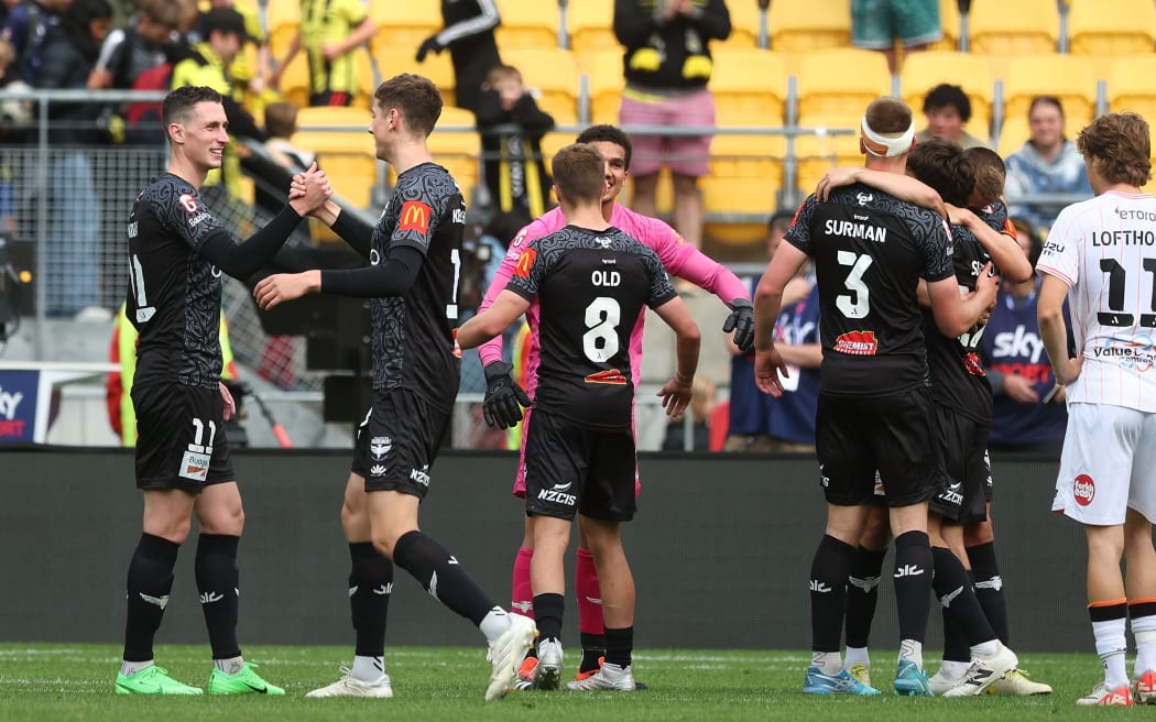 The Phoenix celebrate their win during the A-League - Wellington Phoenix v Brisbane Roar FC at Sky Stadium, Wellington on the 31 March 2024. © Copyright image by Marty Melville / www.photosport.nz