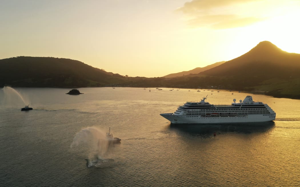 The MV Regatta, Whangārei's first cruise ship visit, passes Whangārei Heads early on 4 February 2024.