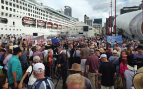 Protesters on Queen's Wharf.