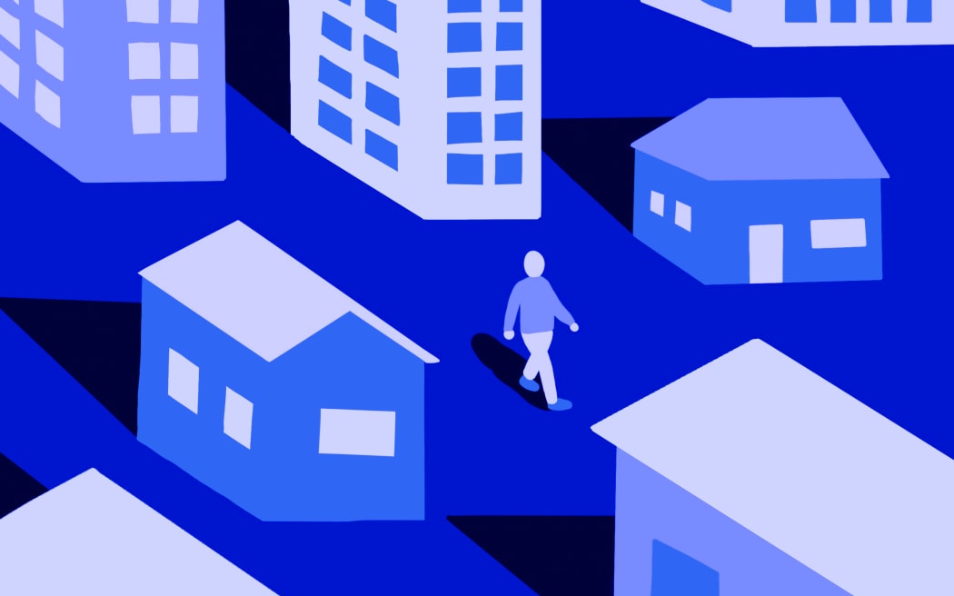 Stylised illustration of person walking between houses and apartment buildings