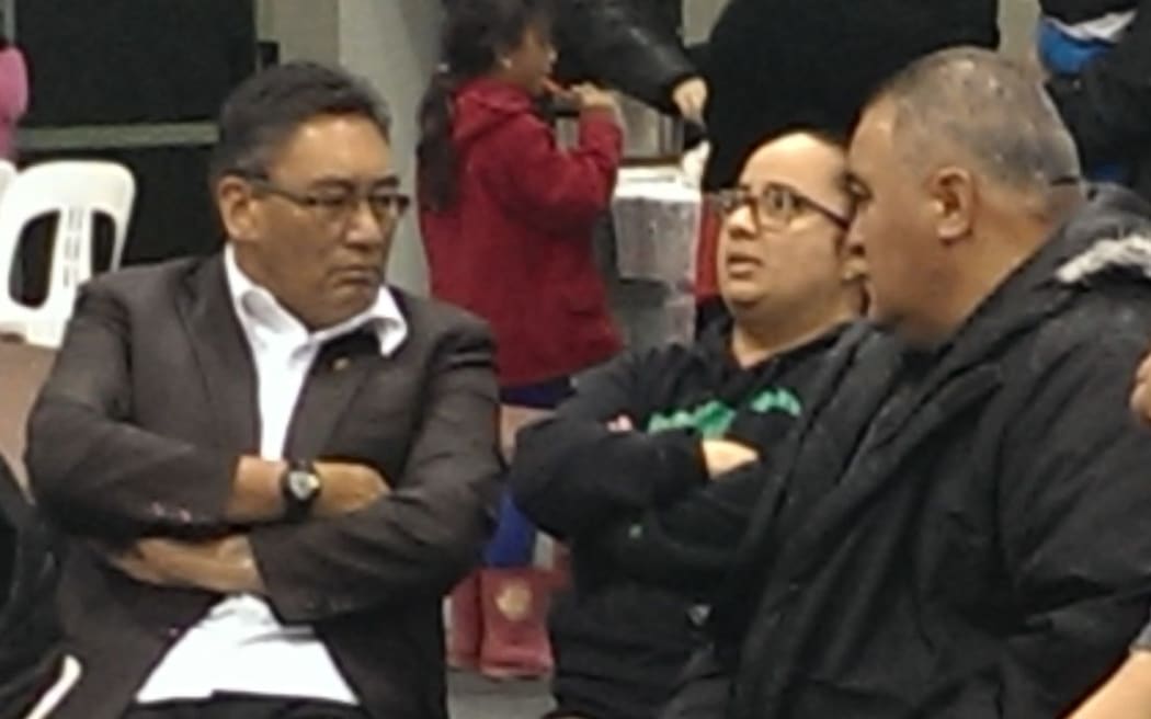 Hone Harawira (left) with supporters in Awanui.