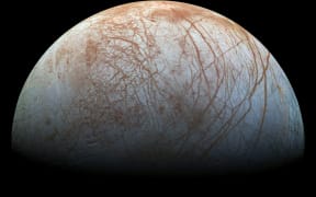 A color view of the surface of Jupiter's icy moon Europa, made from images taken by NASA's Galileo spacecraft in the late 1990s.
