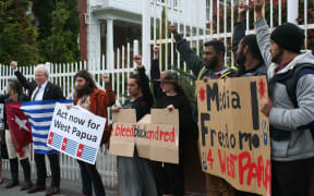 Protestors calling for media freedom in West Papua, outside the Indonesian embassy in New Zealand