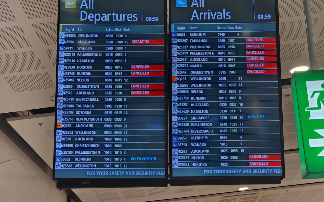 Cancellations board at Christchurch Aiport.