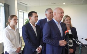 From left, Katie Nimon, Simeon Brown, Mark Mitchell, Christopher Luxon and Catherine Wedd hold a media briefing in Napier following a meeting with the region's leaders and mayors.