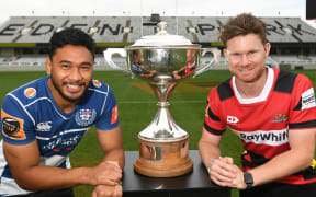 TJ Faiane (Auckland) and Mitchell Drummond (Canterbury) with the Mitre 10 Cup trophy.