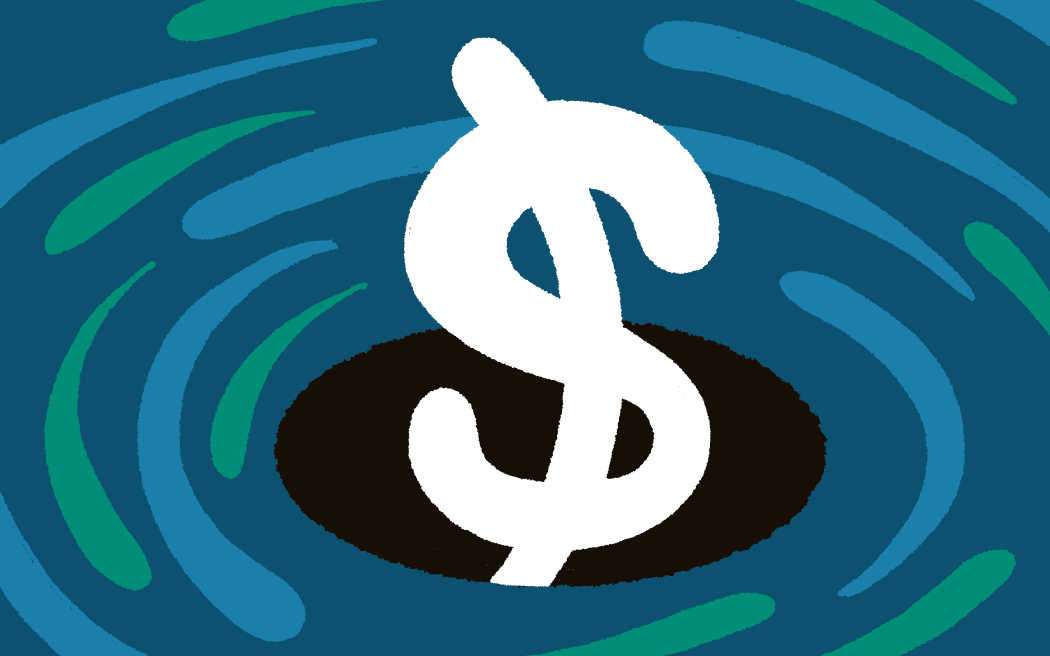 Stylised illustration of dollar sign sinking into a black hole