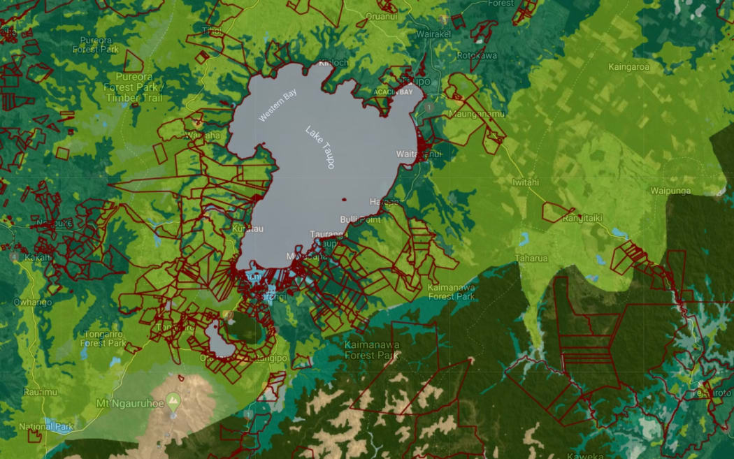 A screenshot of the Māori land visualisation tool, showing historic vegetation and areas suitable for conservation.