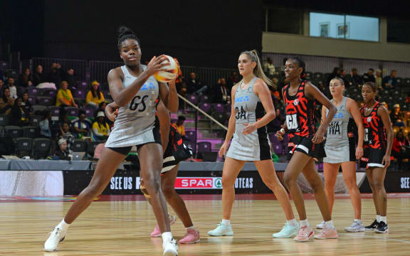 Silver Ferns shooter Grace Nweke in action against Trinidad & Tobago in their opening group match of the Netball World Cup in Cape Town.
