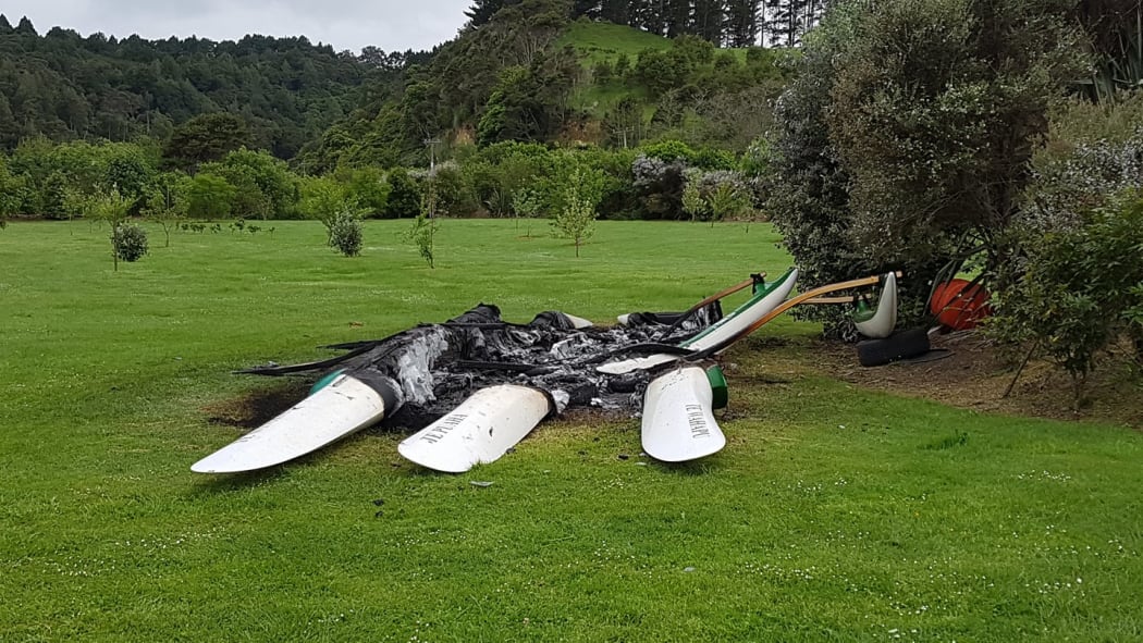 The three waka ama were burned overnight, and found melted through and covered in ash this morning.