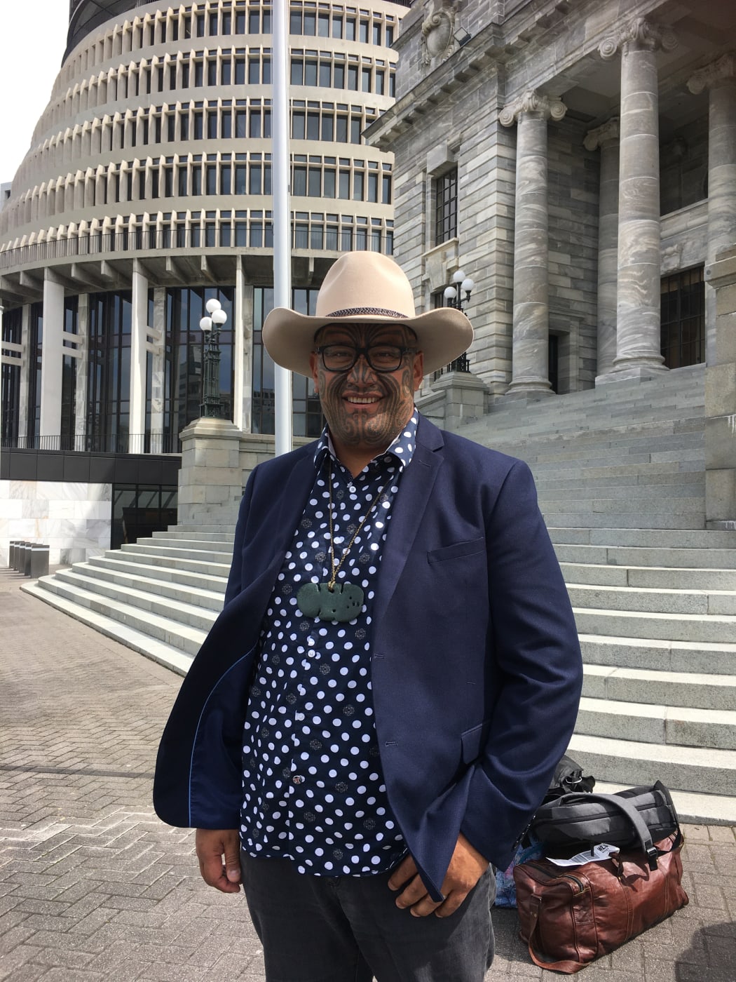 Rawiri Waititi arrives at Parliament.
