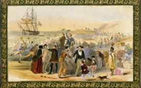 Lithograph by E. Noyce of NZ Settlers preparing to return to Britain