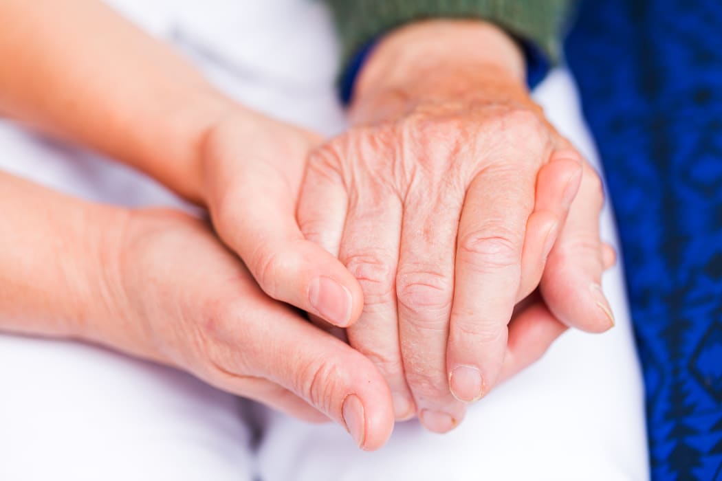 Carer giving helping hands for elderly woman.