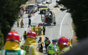 Emergency services at the scene of the crash on the Queenstown-Glenorchy Rd, near Queenstown, on Tuesday 21 January.